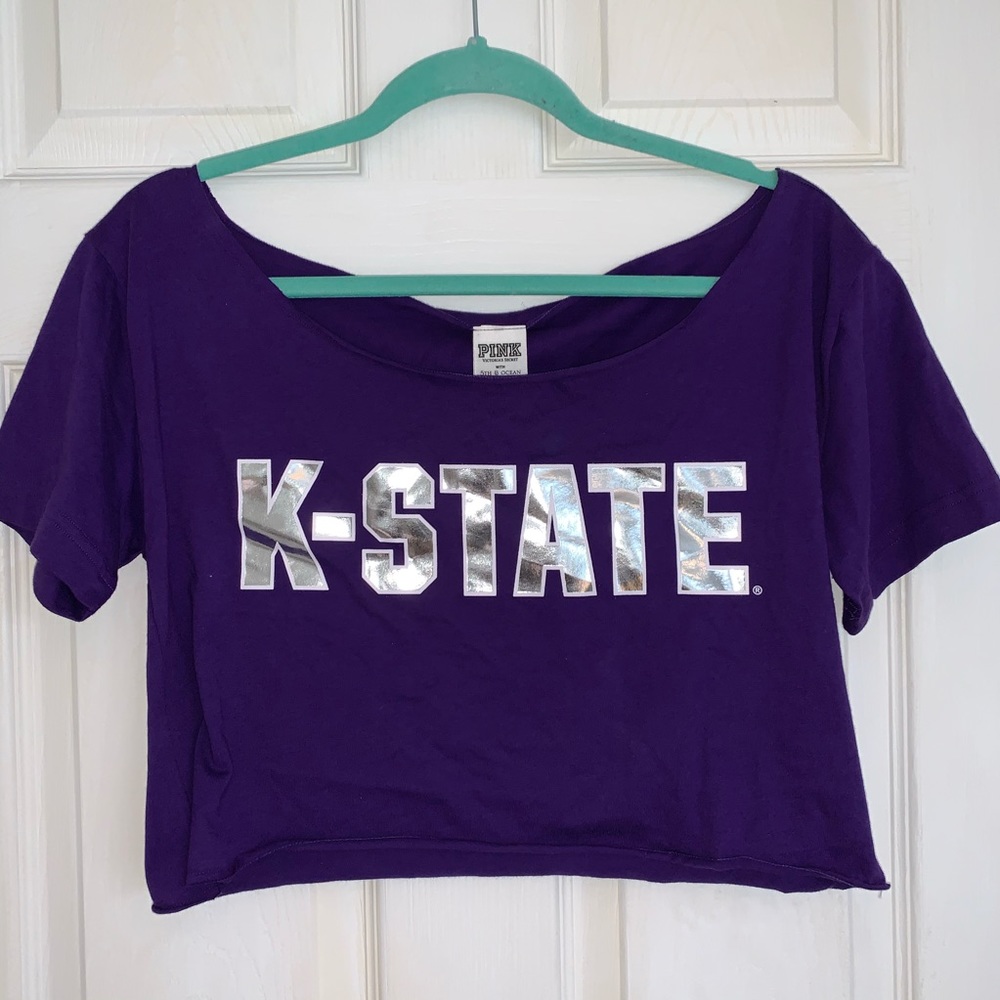 PINK Victoria's Secret Purple K-STATE Cropped Tee with Silver Foil Logo